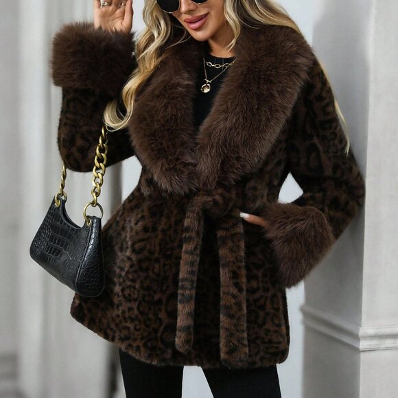 Coffee Brown Chic Women's Leopard Print Lapel Long Sleeve Faux Fur Jacket coat - Picture 1 of 9